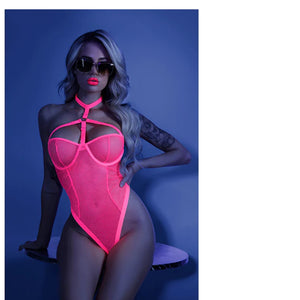 Fantasy Lingerie Glow All Nighter Harnessed Mesh Bodysuit Neon Pink S/M