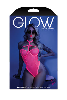 Fantasy Lingerie Glow All Nighter Harnessed Mesh Bodysuit Neon Pink S/M